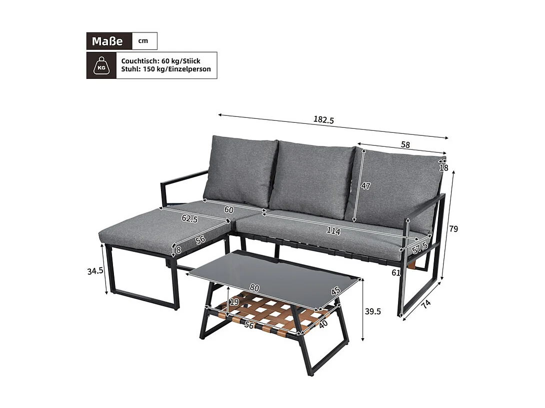 Gartenmöbel-Set - 3-Sitzer Sofa, Glastisch + Hocker - feuerverzinkter Stahl, Grau