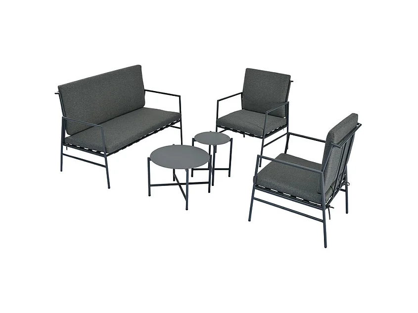 Garten-Lounge aus feuerverzinktem Stahl - 2-Sitzer Sofa + 2 Sessel + 2 runde Tische - graue Kissen