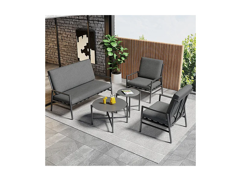 Salon de jardin en acier galvanisé -  canapé 2 places + 2 fauteuils + 2 table basse rondes - avec coussin gris