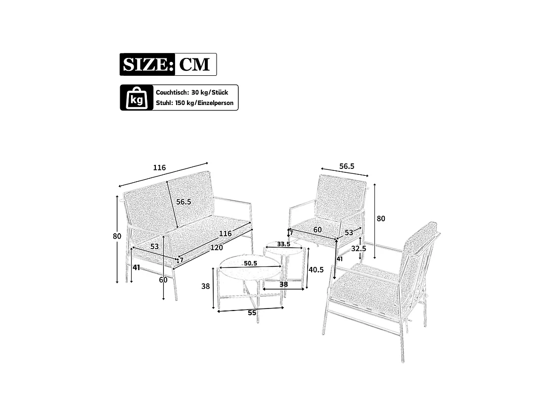 Salon de jardin en acier galvanisé -  canapé 2 places + 2 fauteuils + 2 table basse rondes - avec coussin gris
