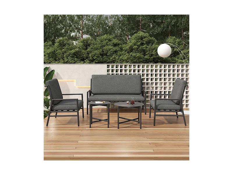 Salon de jardin en acier galvanisé -  canapé 2 places + 2 fauteuils + 2 table basse rondes - avec coussin gris