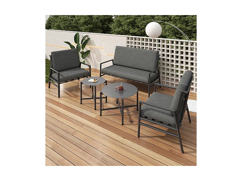 Salon de jardin en acier galvanisé -  canapé 2 places + 2 fauteuils + 2 table basse rondes - avec coussin gris