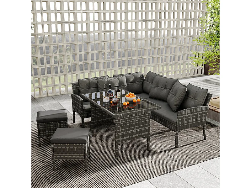 Ensemble à manger de jardin - 7 personnes - Canapé d'angle + table + tabouret + oreiller - couverture de amovible et lavable