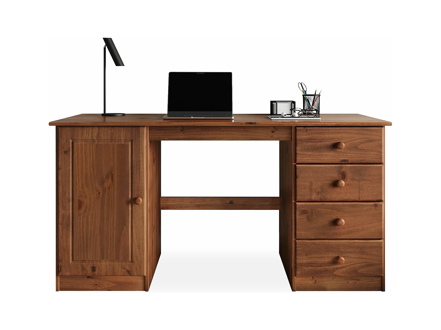 Bureau MANAGER L 145 cm en bois massif, coloris brun foncé, espace de rangement avec 4 tiroirs et 1 porte battante