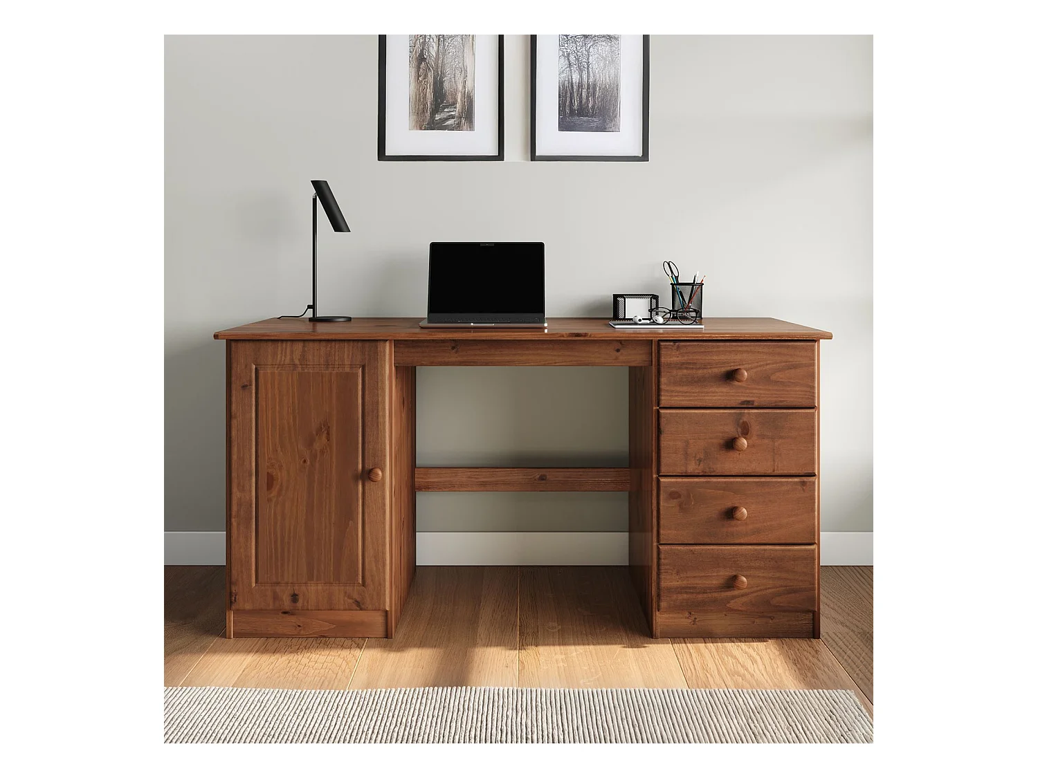 Bureau MANAGER L 145 cm en bois massif, coloris brun foncé, espace de rangement avec 4 tiroirs et 1 porte battante