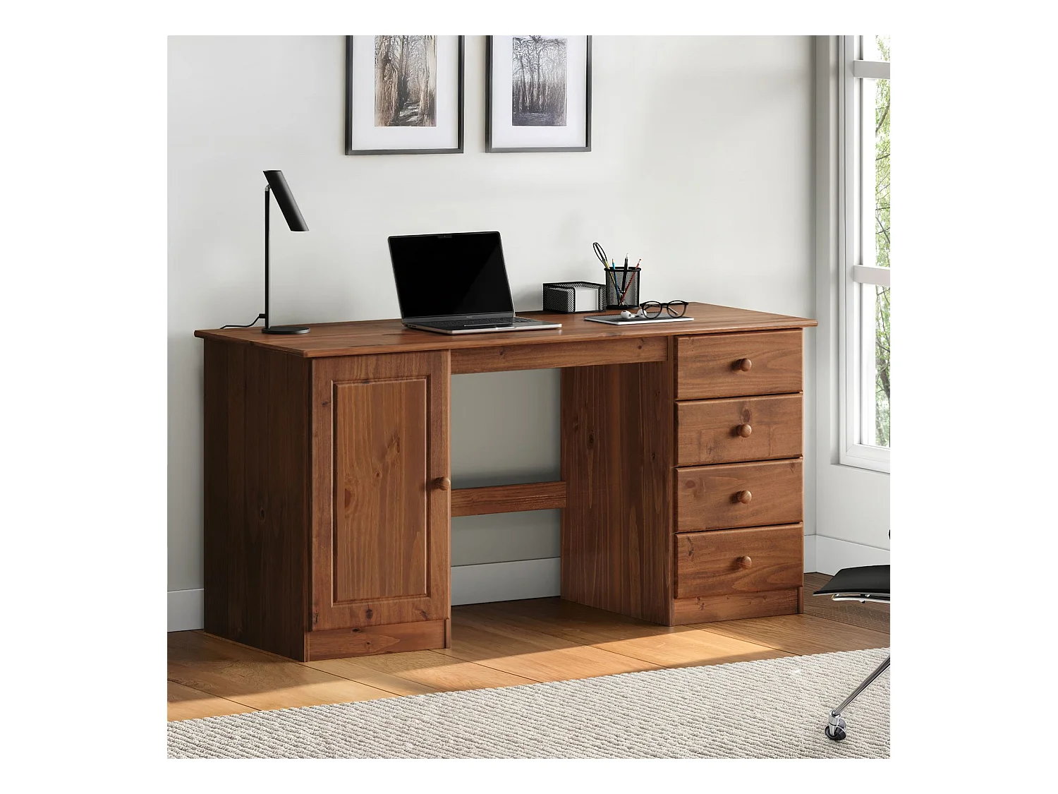 Bureau MANAGER L 145 cm en bois massif, coloris brun foncé, espace de rangement avec 4 tiroirs et 1 porte battante