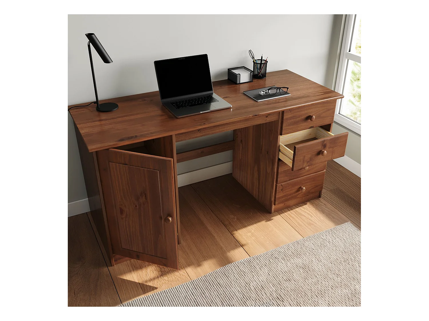 Bureau MANAGER L 145 cm en bois massif, coloris brun foncé, espace de rangement avec 4 tiroirs et 1 porte battante