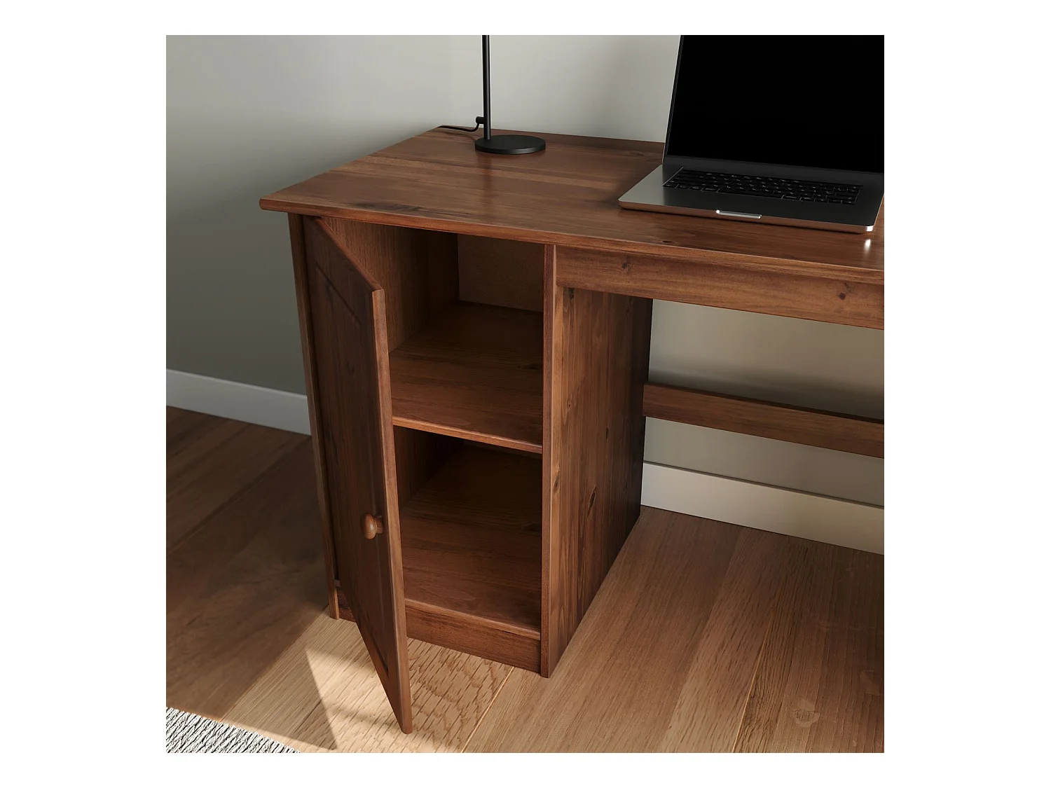 Bureau MANAGER L 145 cm en bois massif, coloris brun foncé, espace de rangement avec 4 tiroirs et 1 porte battante