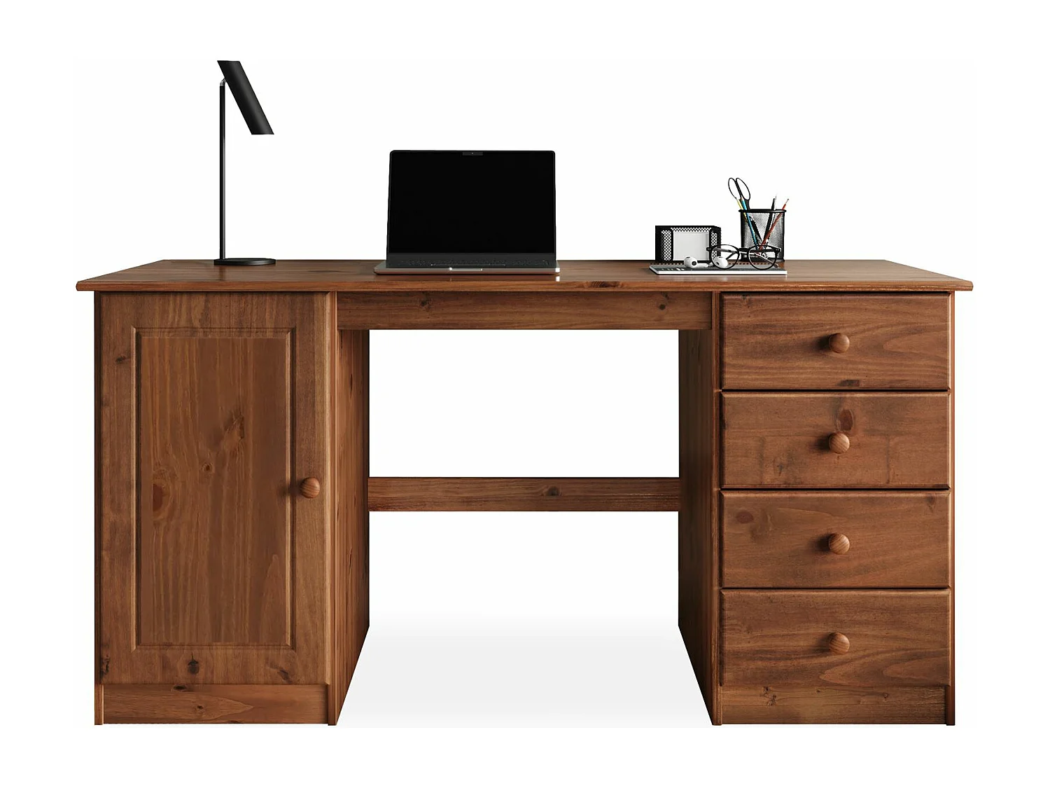 Bureau MANAGER L 145 cm en bois massif, coloris brun foncé, espace de rangement avec 4 tiroirs et 1 porte battante
