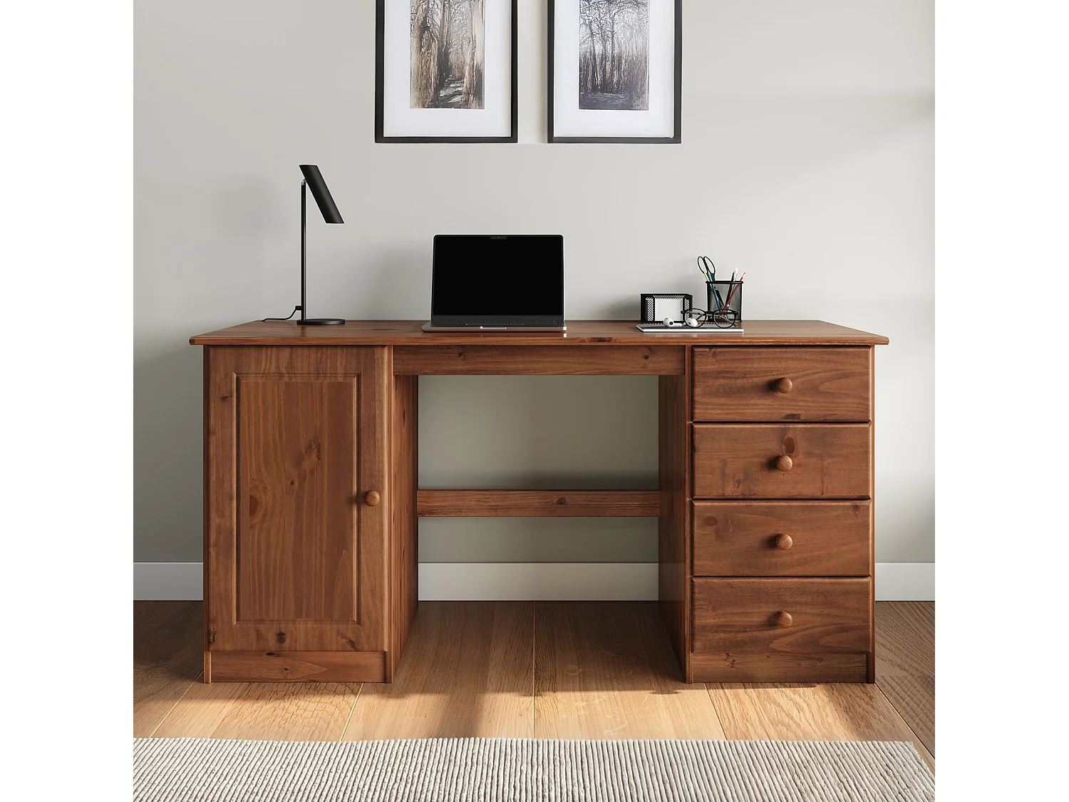 Bureau MANAGER L 145 cm en bois massif, coloris brun foncé, espace de rangement avec 4 tiroirs et 1 porte battante