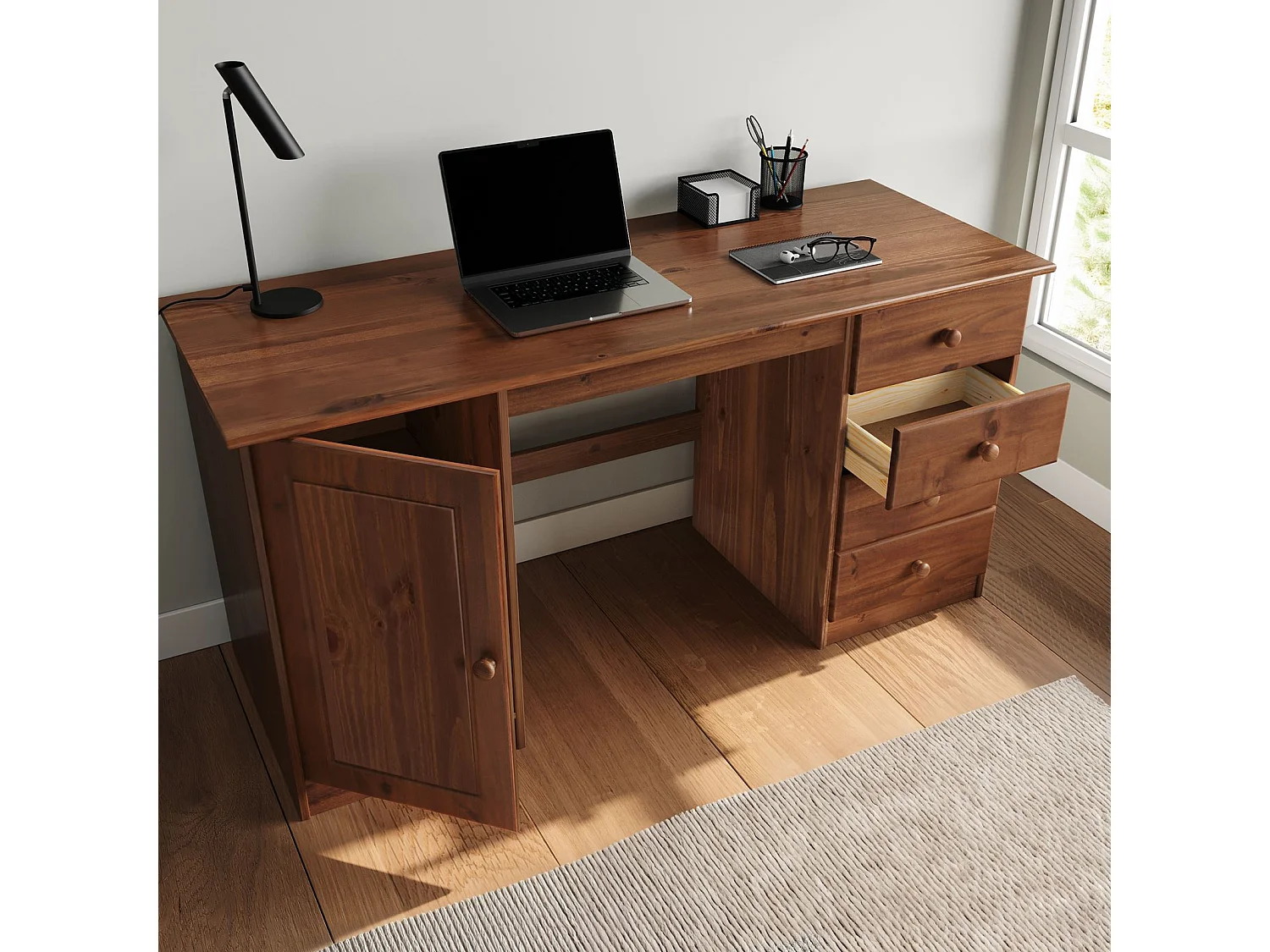 Bureau MANAGER L 145 cm en bois massif, coloris brun foncé, espace de rangement avec 4 tiroirs et 1 porte battante