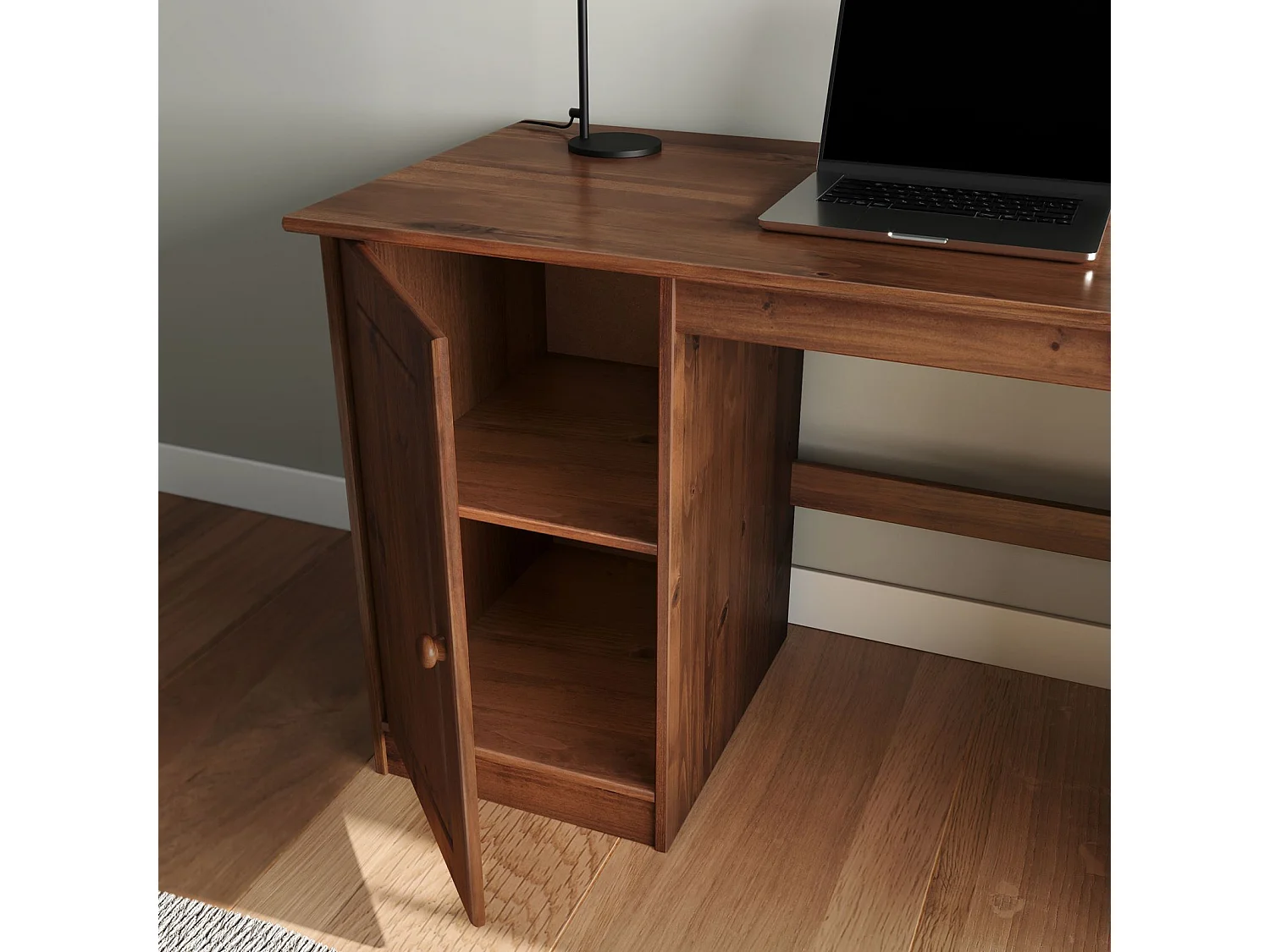 Bureau MANAGER L 145 cm en bois massif, coloris brun foncé, espace de rangement avec 4 tiroirs et 1 porte battante