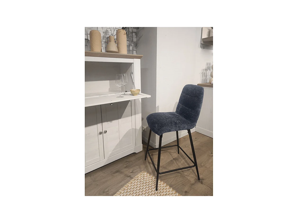 Tabouret de bar rembourré en tissu doux bleu pied métal - JULIE