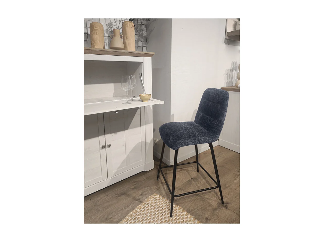 Tabouret de bar rembourré en tissu doux bleu pied métal - JULIE