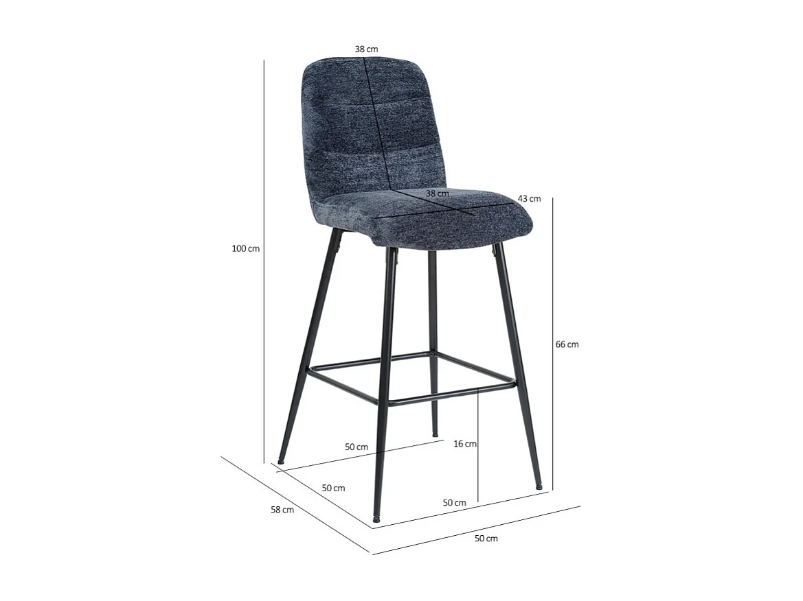 Tabouret de bar rembourré en tissu doux bleu pied métal - JULIE