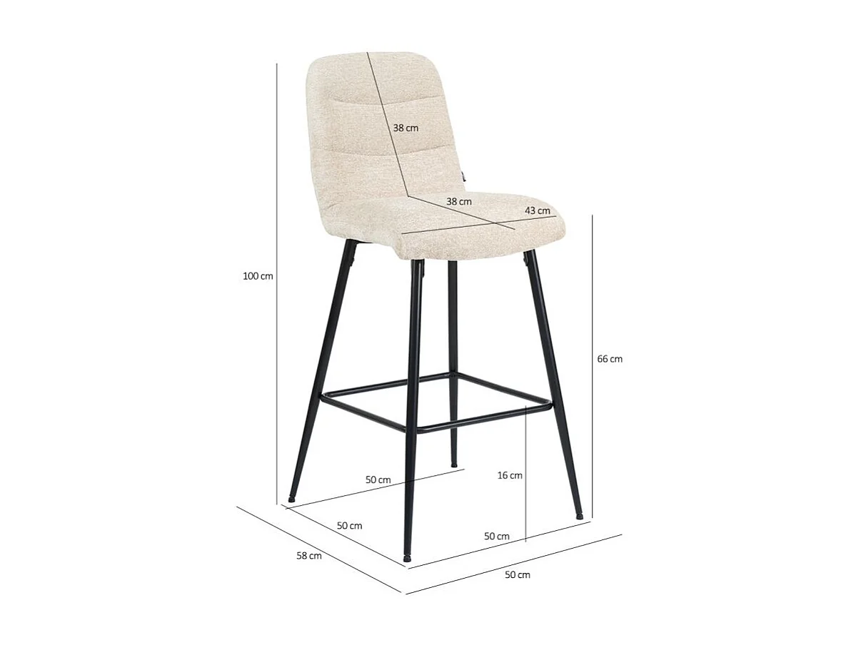 Lot 2 tabourets de bar rembourré tissu doux écru pied métal - JULIE