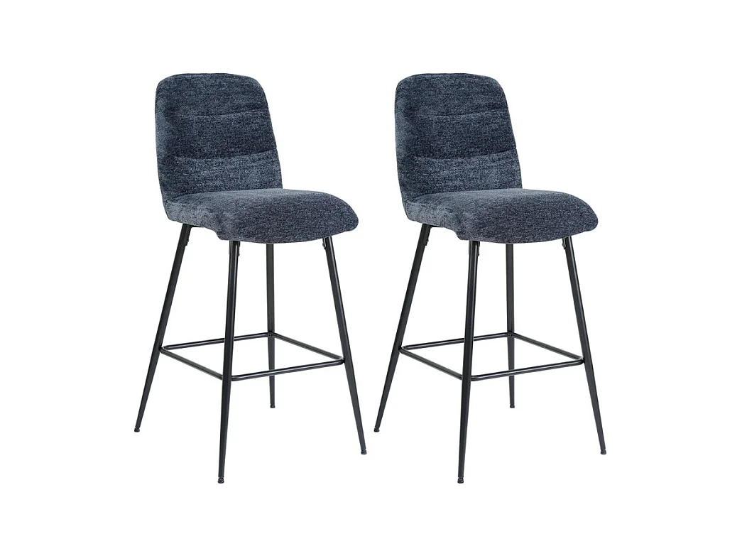 Lot 2 tabourets de bar rembourré tissu doux bleu pied métal - JULIE