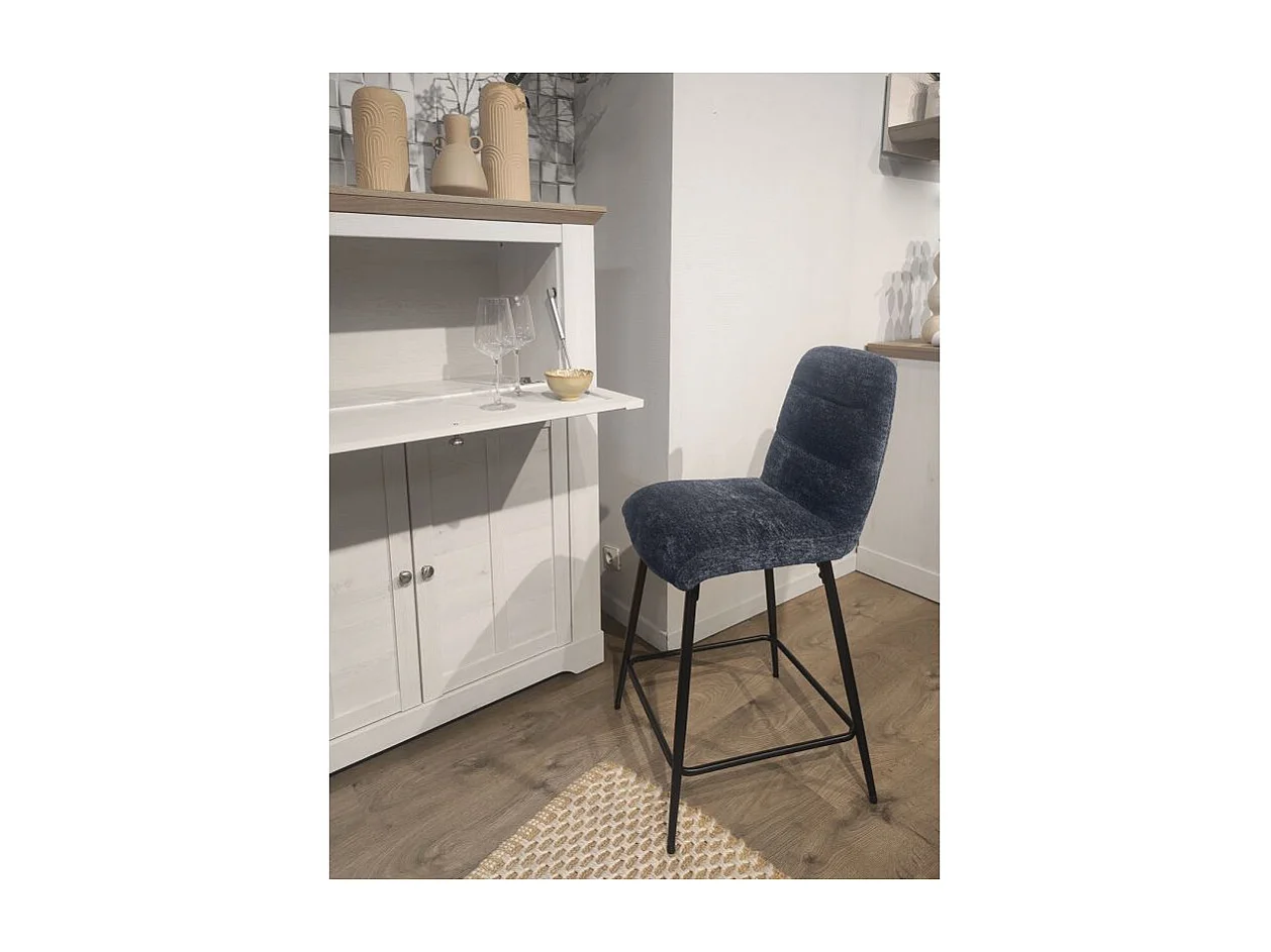 Lot 2 tabourets de bar rembourré tissu doux bleu pied métal - JULIE