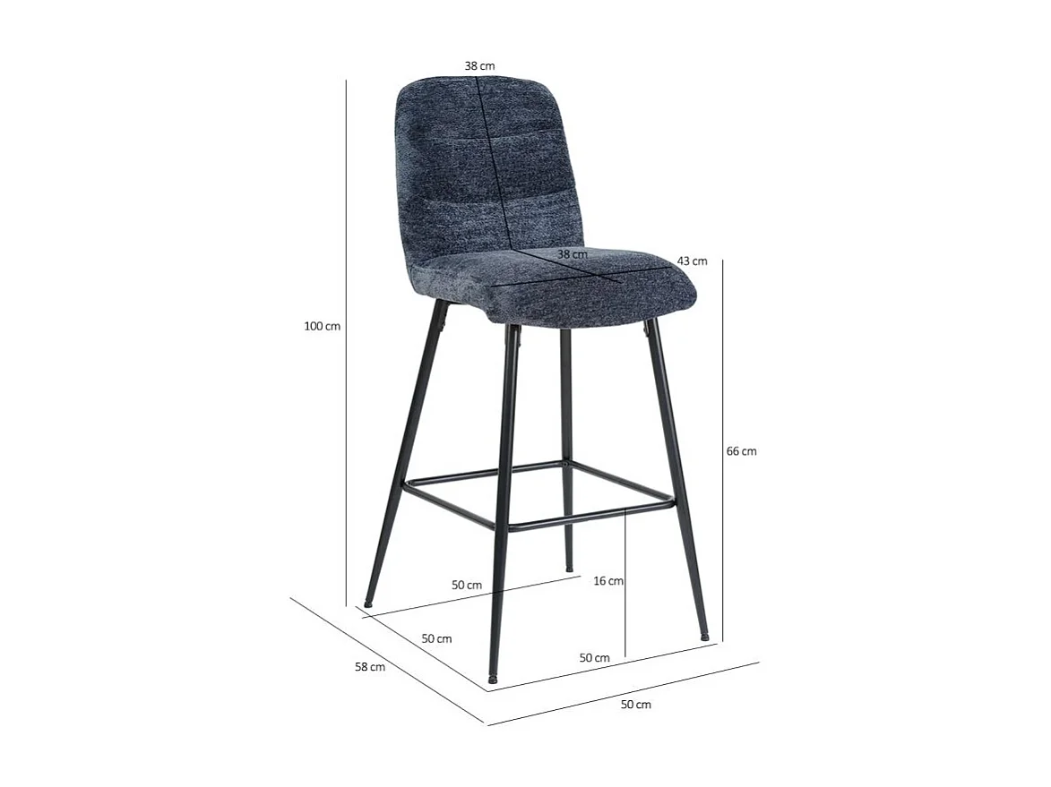 Lot 2 tabourets de bar rembourré tissu doux bleu pied métal - JULIE