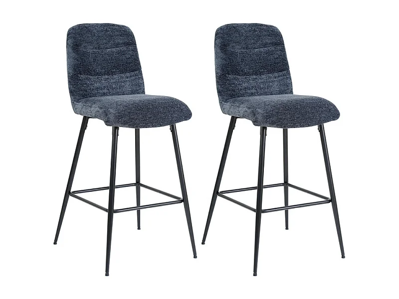 Lot 2 tabourets de bar rembourré tissu doux bleu pied métal - JULIE