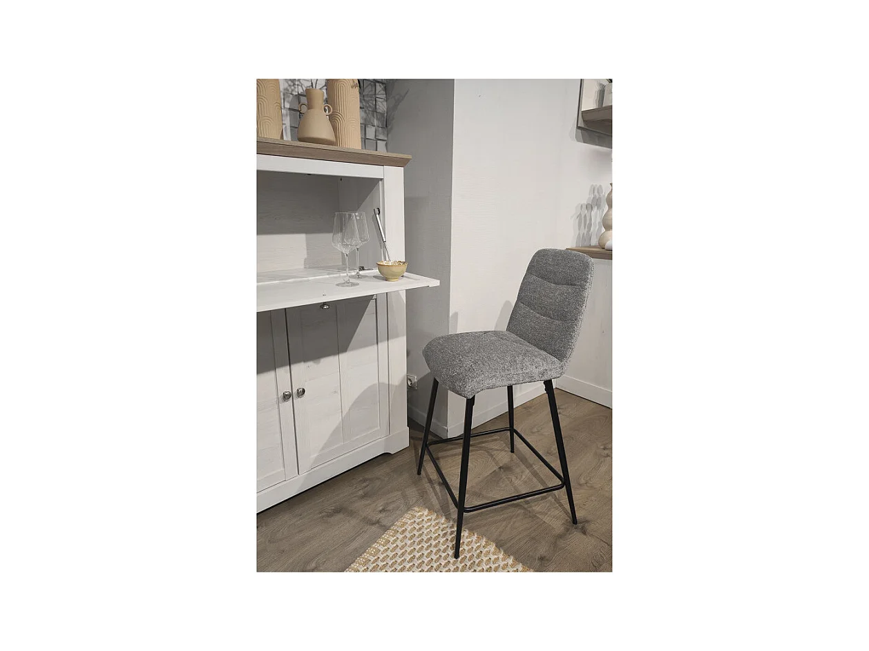 Tabouret de bar rembourré en tissu doux gris pied métal - JULIE
