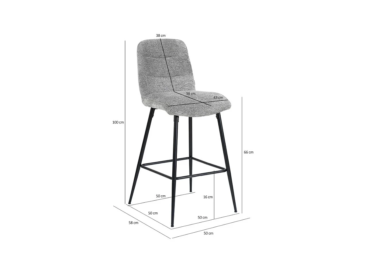 Tabouret de bar rembourré en tissu doux gris pied métal - JULIE