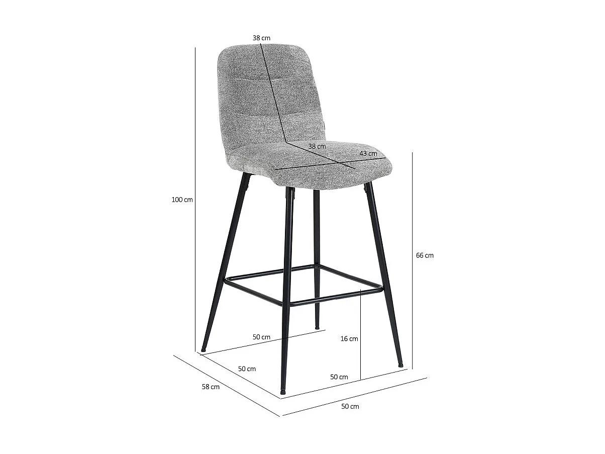 Tabouret de bar rembourré en tissu doux gris pied métal - JULIE