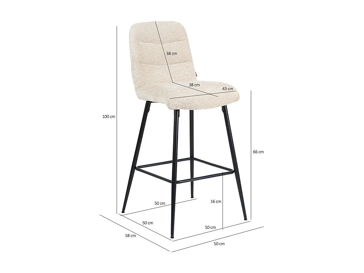 Tabouret de bar rembourré en tissu doux écru pied métal - JULIE