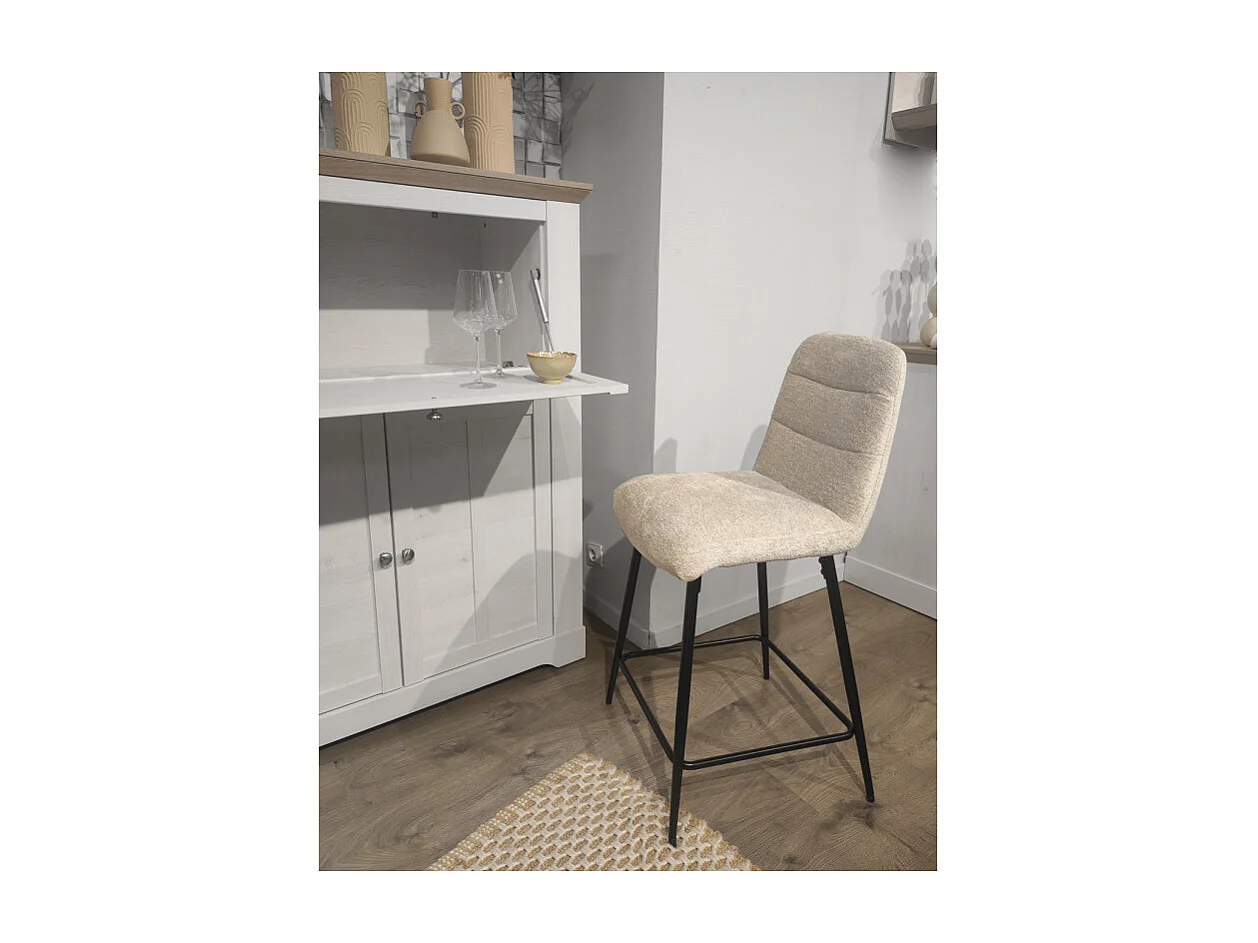 Tabouret de bar rembourré en tissu doux écru pied métal - JULIE