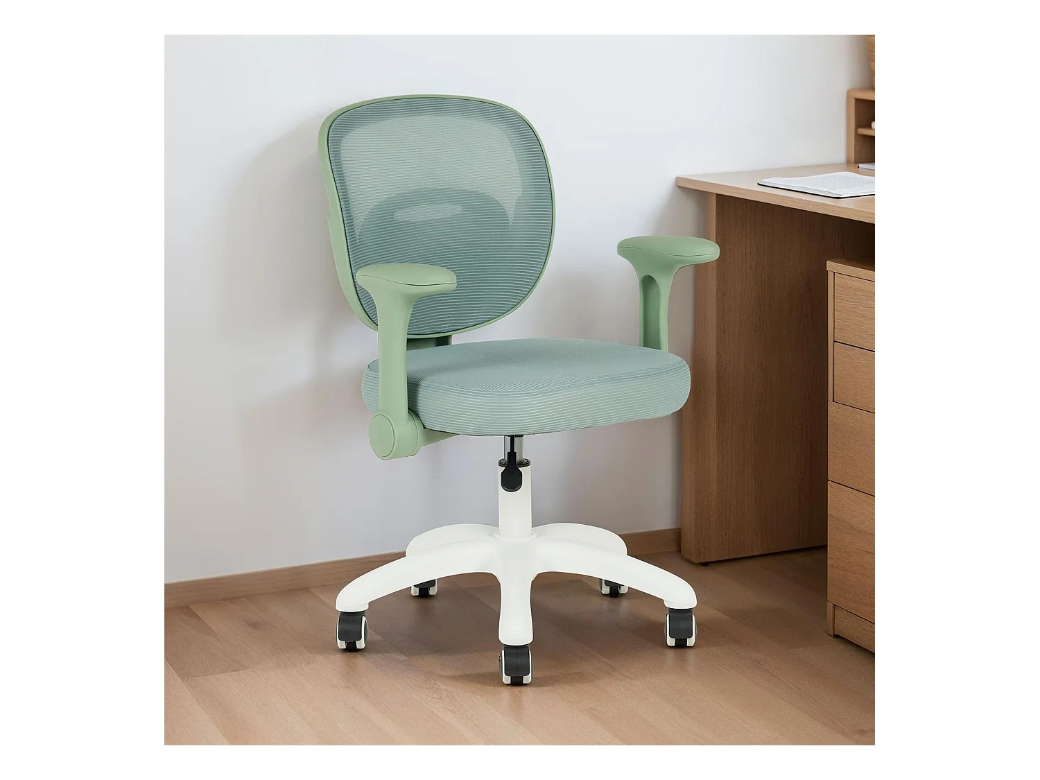 Chaise de bureau enfant AMELIA Vert Réglable en hauteur avec Accoudoirs, Assise Rembourrée Confortable