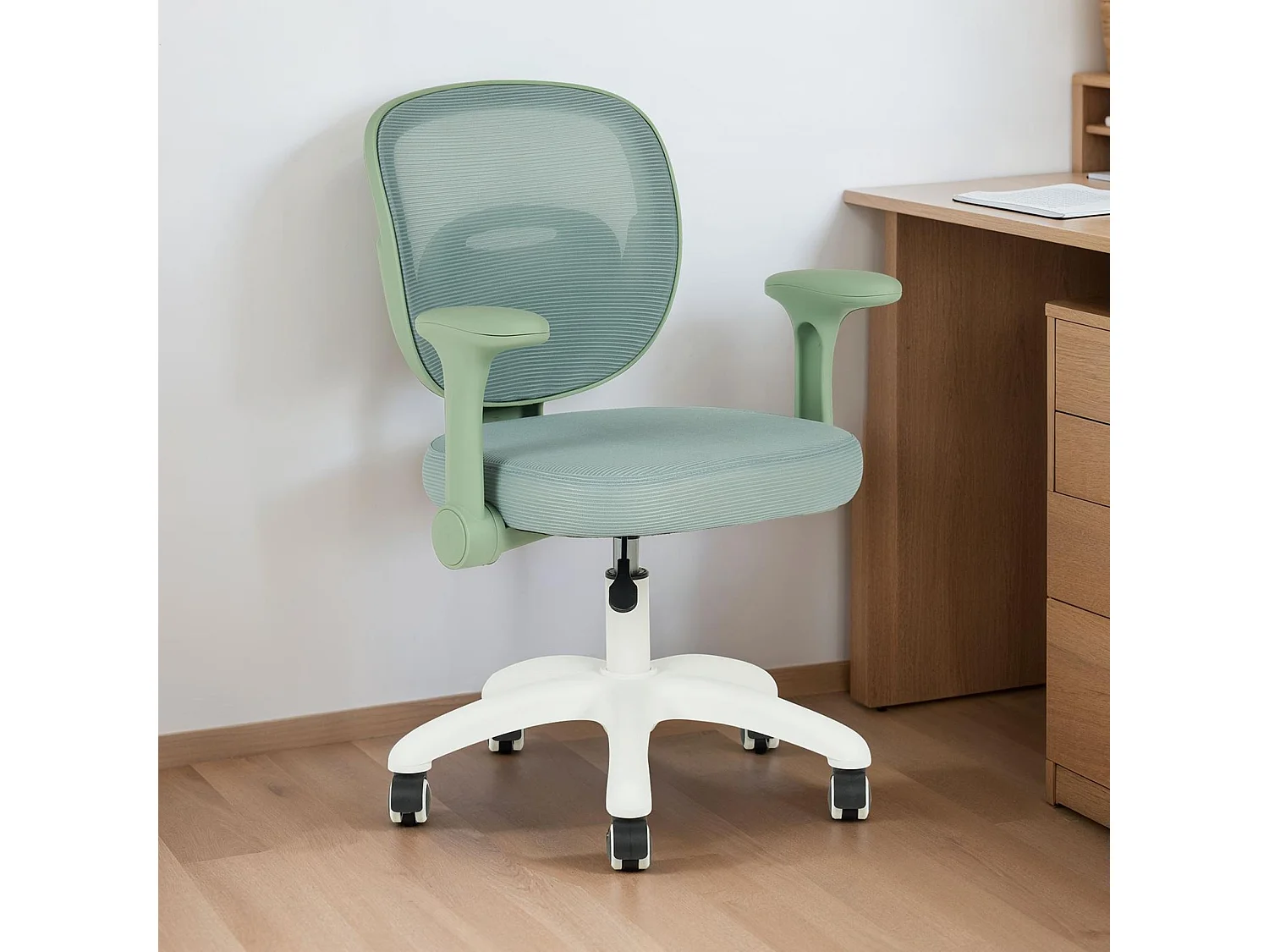 Chaise de bureau enfant AMELIA Vert Réglable en hauteur avec Accoudoirs, Assise Rembourrée Confortable
