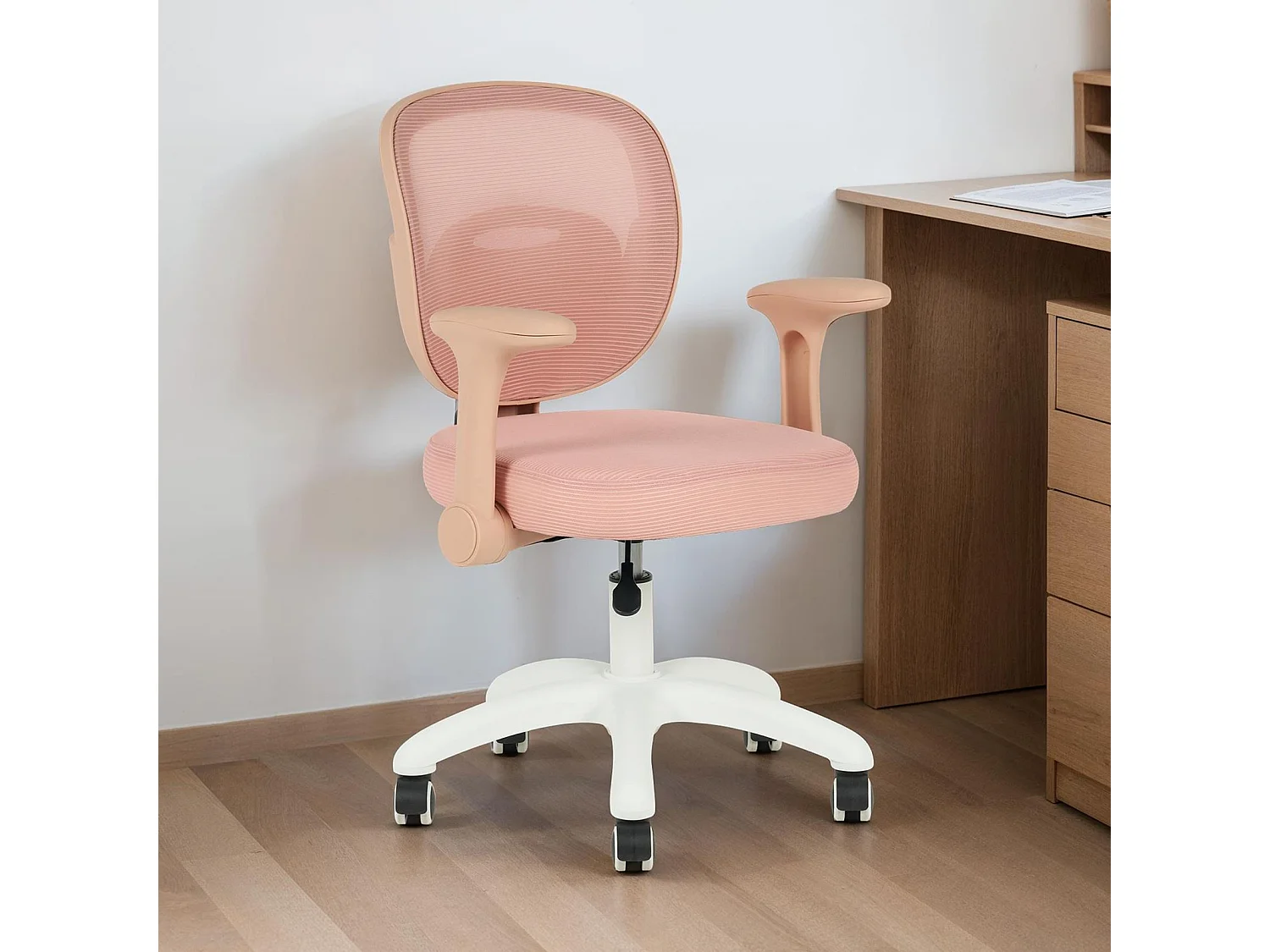 Chaise de bureau enfant AMELIA Rose Réglable en hauteur avec Accoudoirs, Assise Rembourrée Confortable
