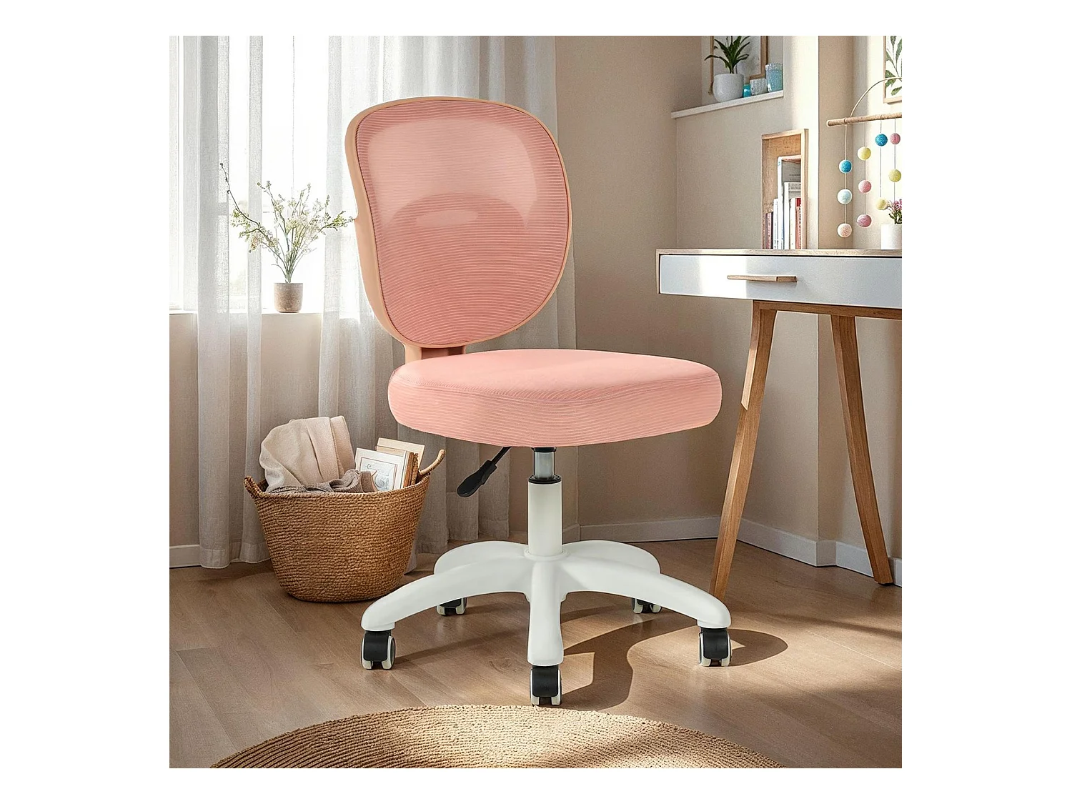 Chaise de bureau enfant MAYLA Rose Réglable en hauteur sans Accoudoirs, Assise Rembourrée Confortable
