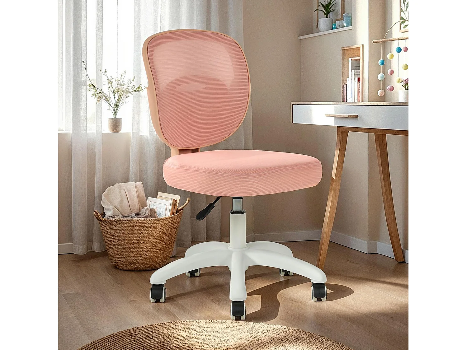 Chaise de bureau enfant MAYLA Rose Réglable en hauteur sans Accoudoirs, Assise Rembourrée Confortable