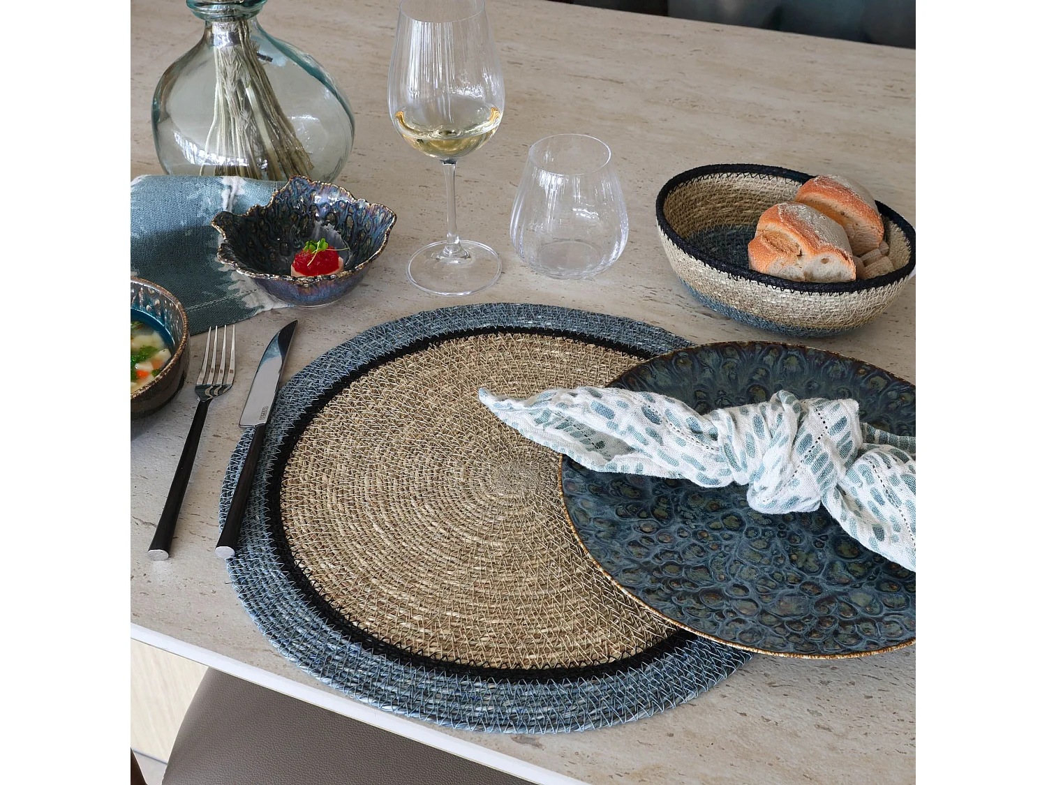 Now's Home - Lot De 6 Sets De Table D38cm En Jonc De Mer Naturel Et Bleu Iris