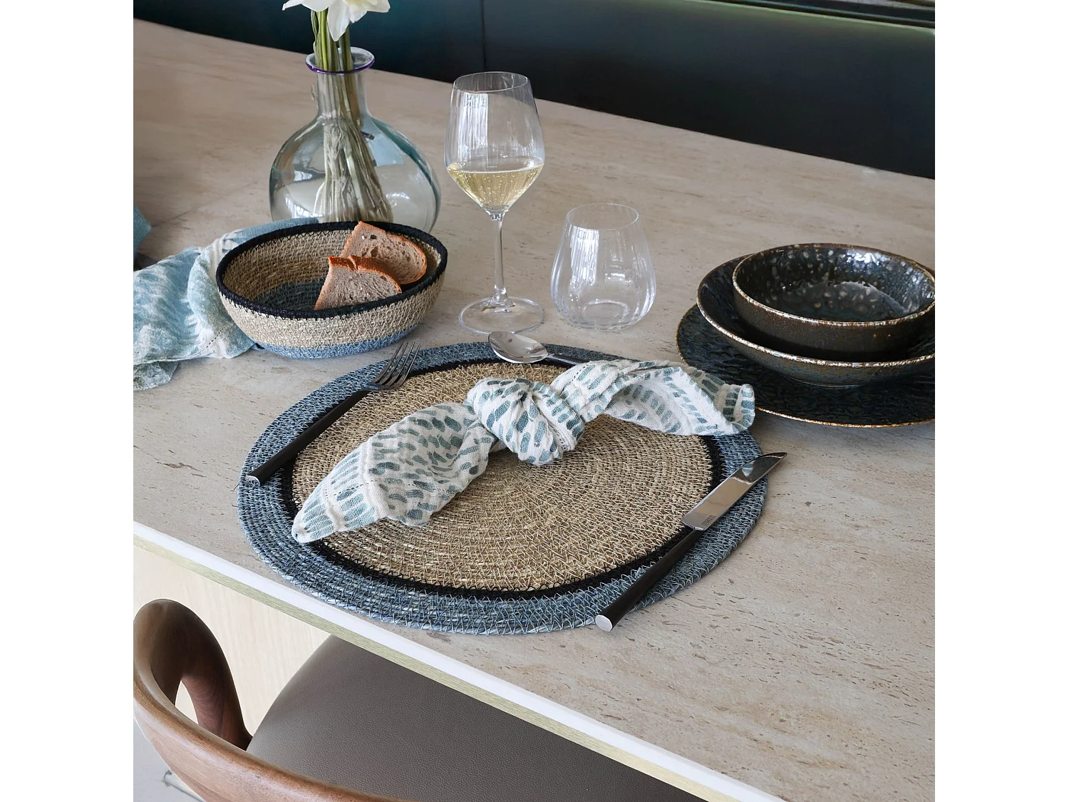 Now's Home - Lot De 6 Sets De Table D38cm En Jonc De Mer Naturel Et Bleu Iris