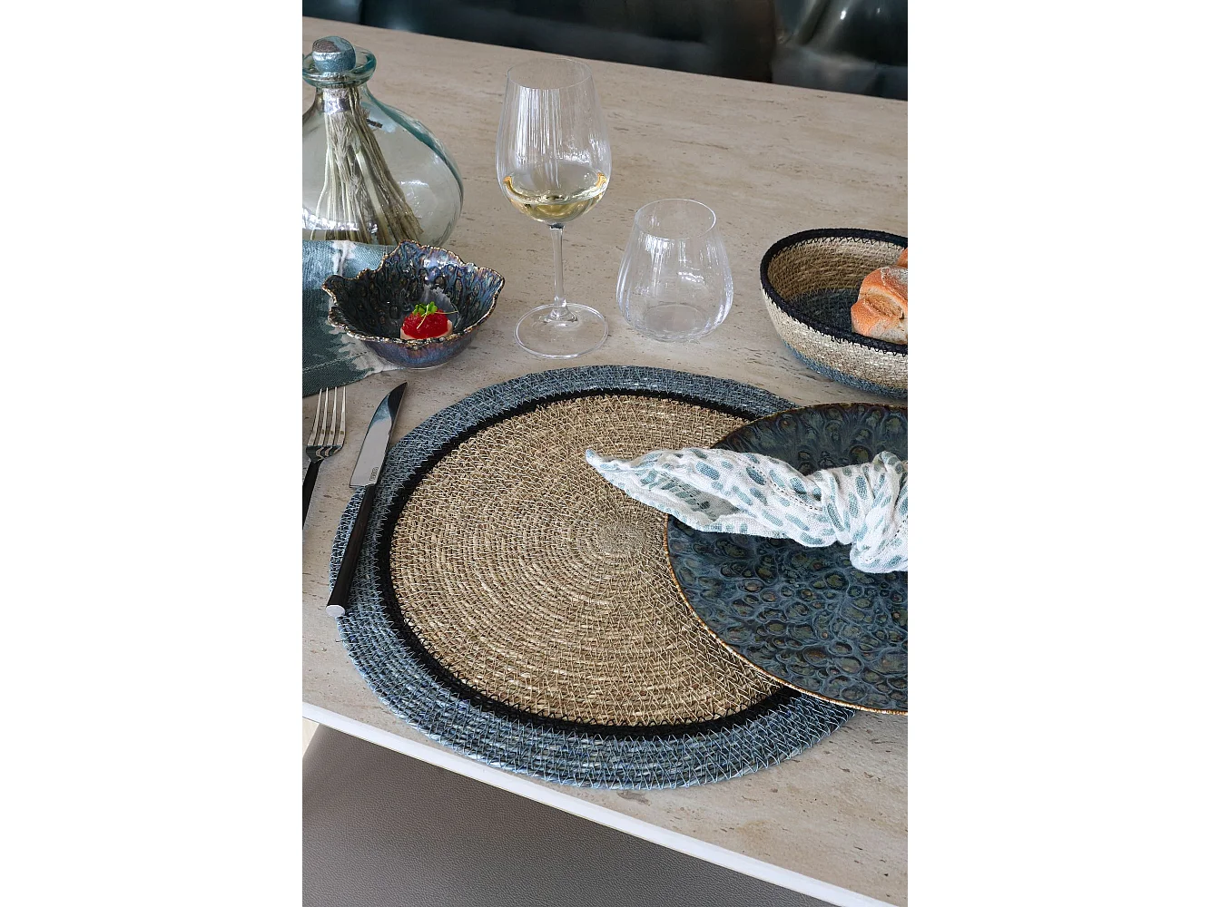 Now's Home - Lot De 6 Sets De Table D38cm En Jonc De Mer Naturel Et Bleu Iris