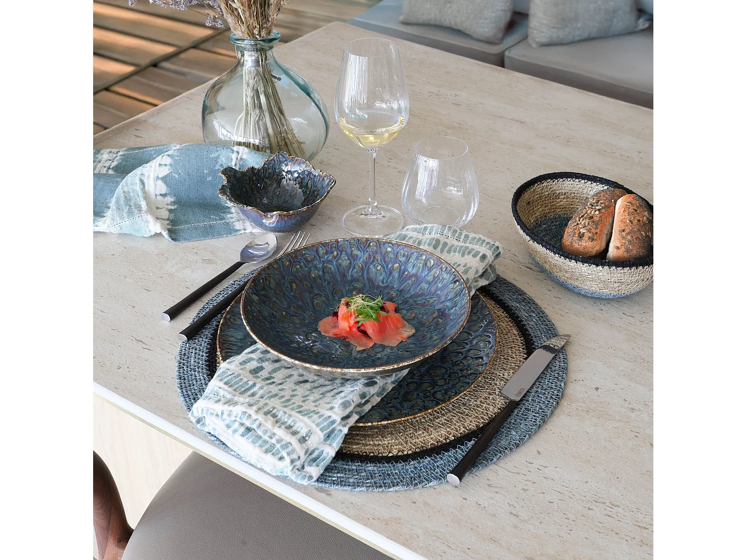Now's Home - Lot De 6 Sets De Table D38cm En Jonc De Mer Naturel Et Bleu Iris