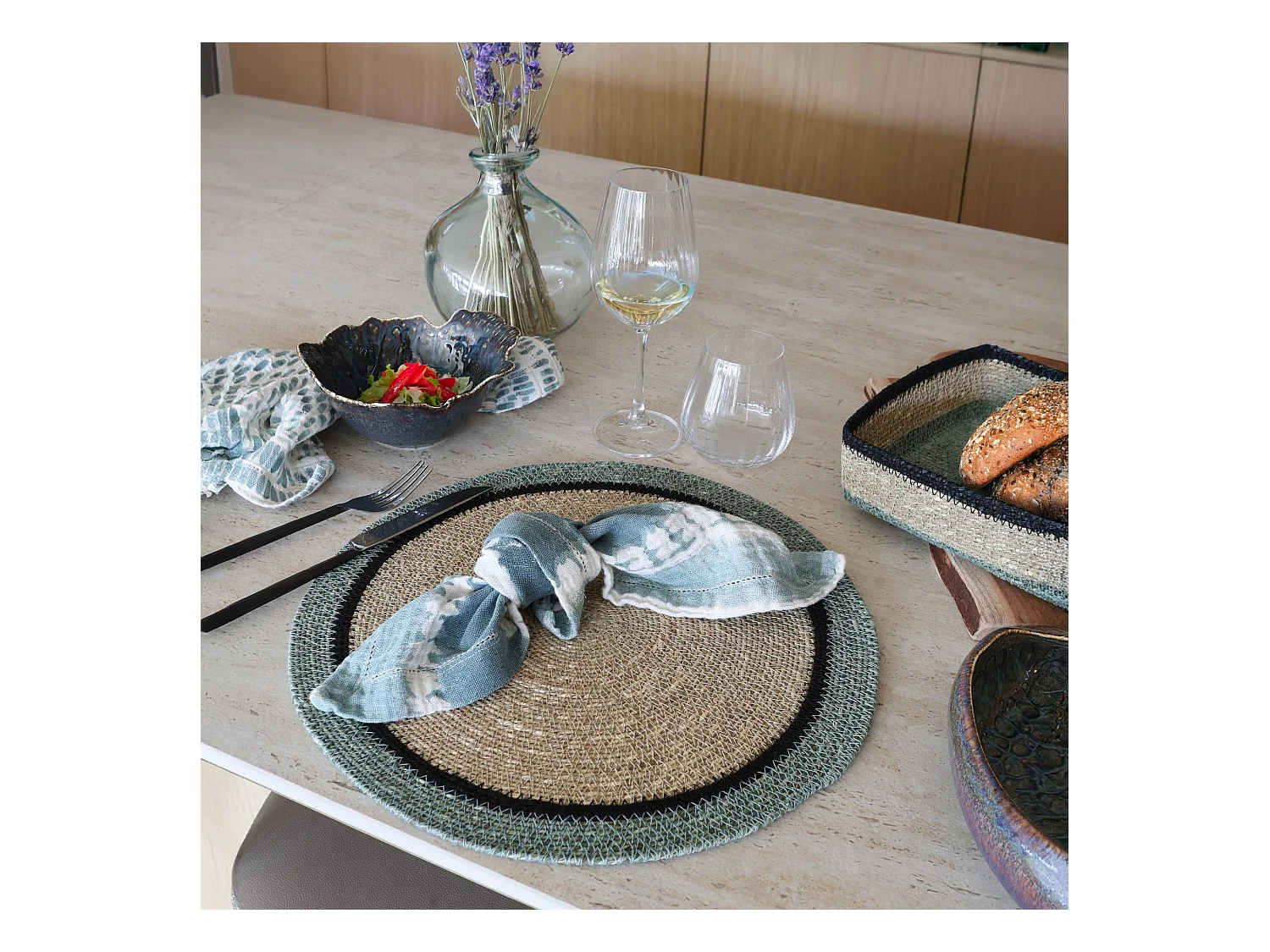 Now's Home - Lot De 6 Sets De Table D38cm En Jonc De Mer Naturel Et Vert Iris