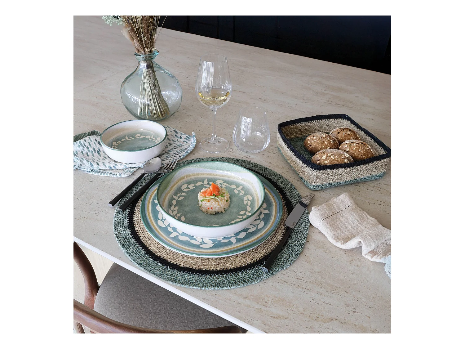 Now's Home - Lot De 6 Sets De Table D38cm En Jonc De Mer Naturel Et Vert Iris