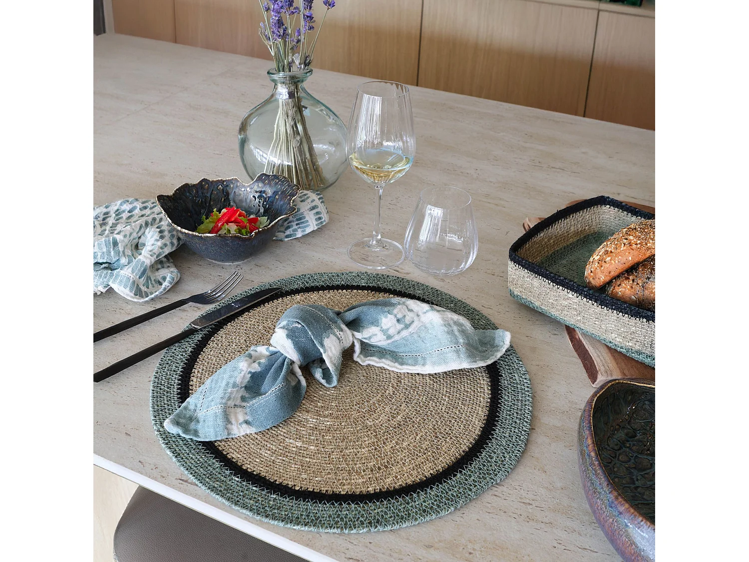 Now's Home - Lot De 6 Sets De Table D38cm En Jonc De Mer Naturel Et Vert Iris
