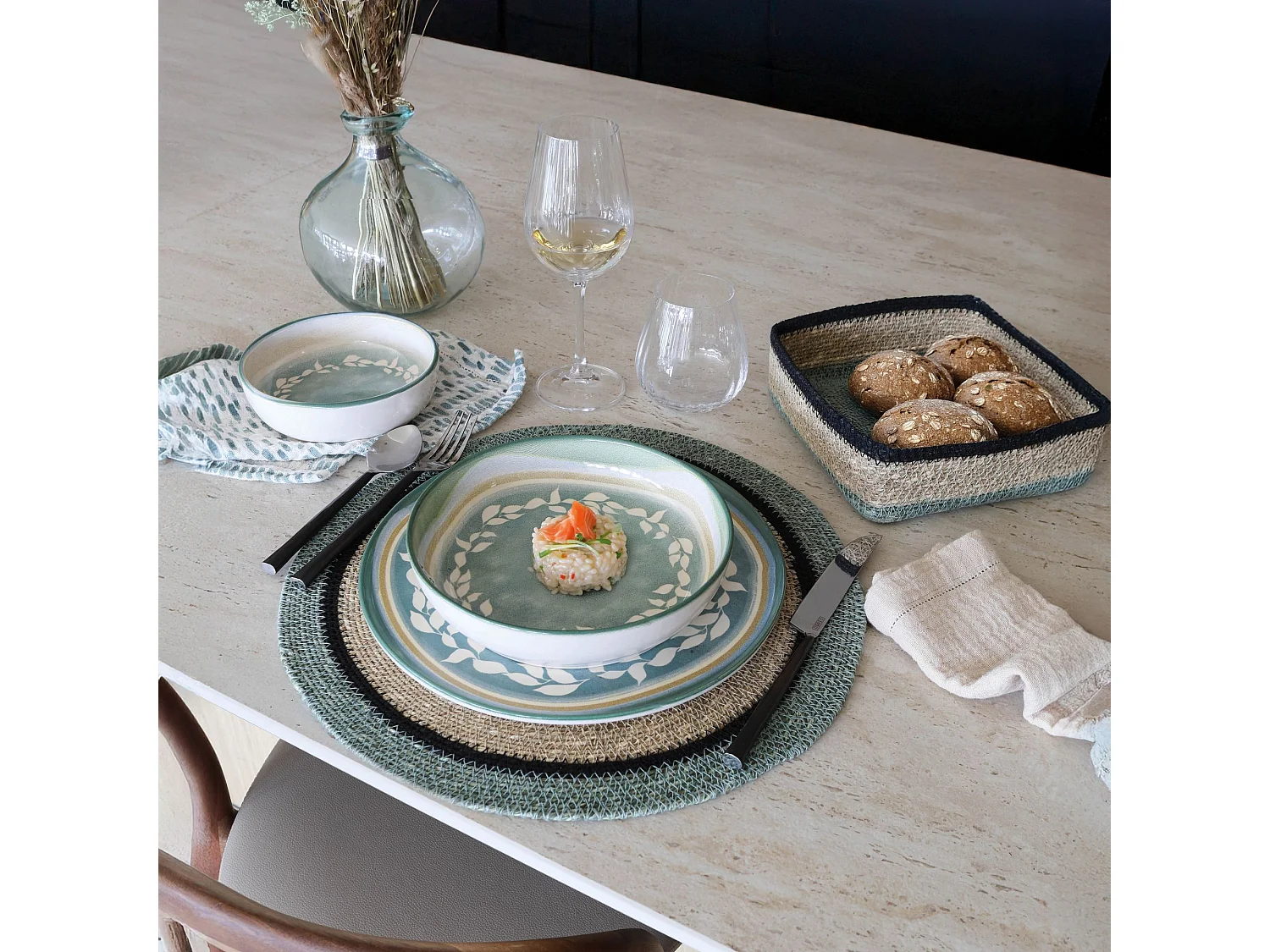 Now's Home - Lot De 6 Sets De Table D38cm En Jonc De Mer Naturel Et Vert Iris