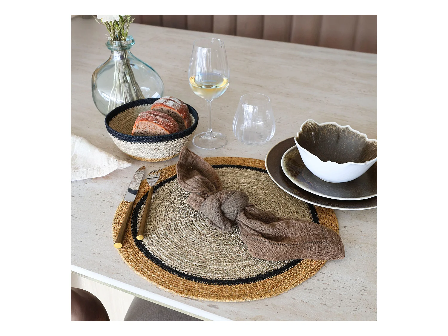 Now's Home - Lot De 6 Sets De Table D38cm En Jonc De Mer Naturel Et Safran Iris