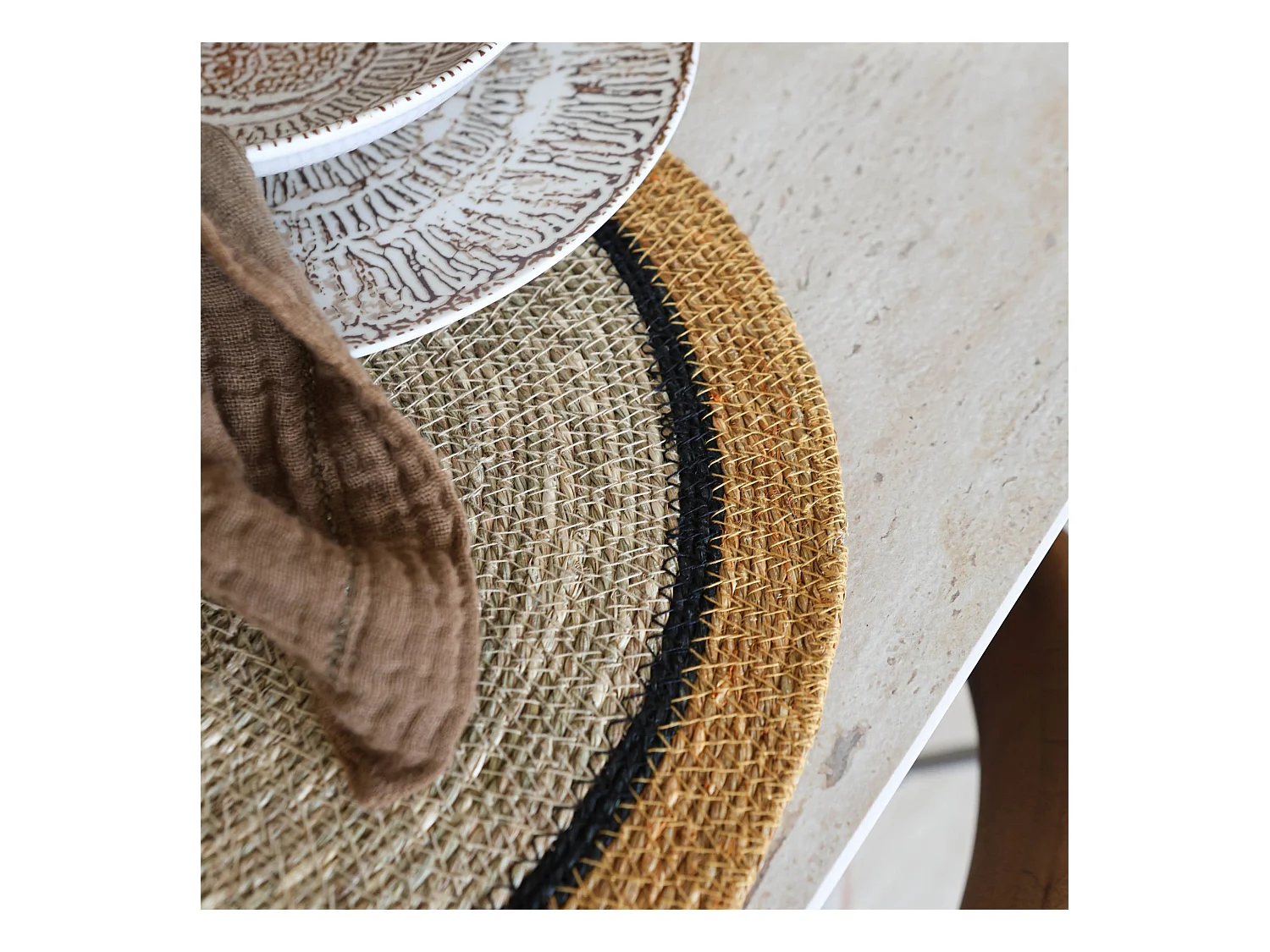 Now's Home - Lot De 6 Sets De Table D38cm En Jonc De Mer Naturel Et Safran Iris