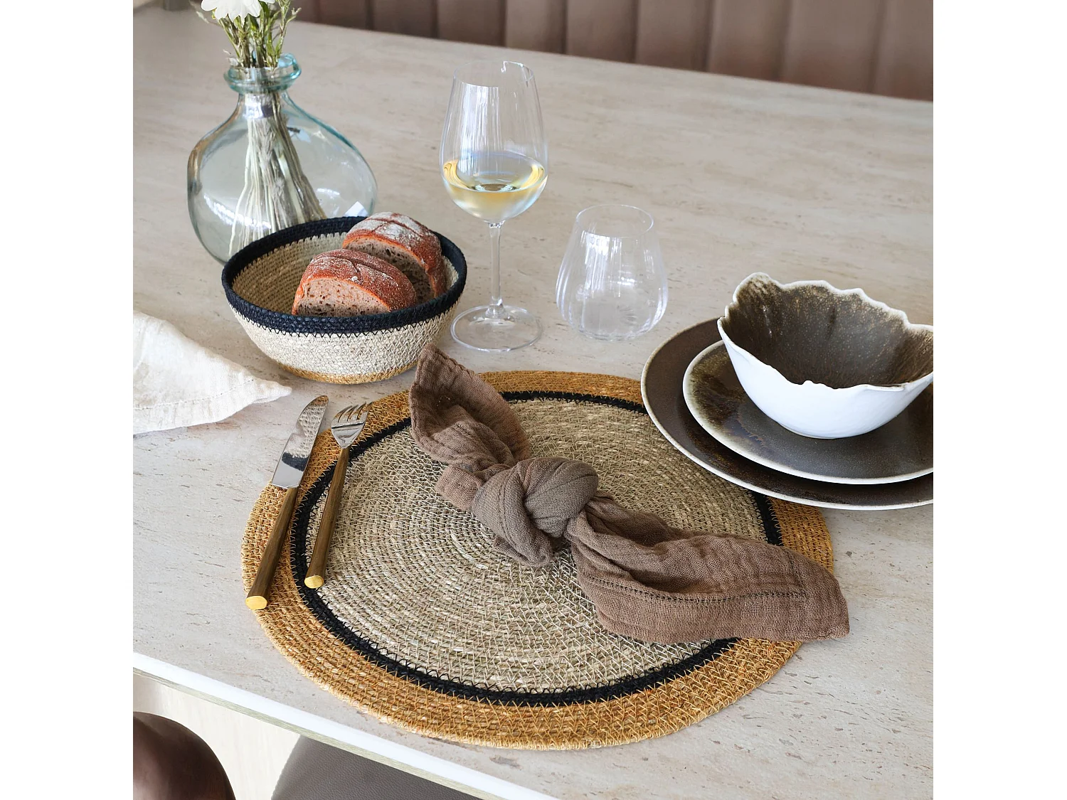 Now's Home - Lot De 6 Sets De Table D38cm En Jonc De Mer Naturel Et Safran Iris