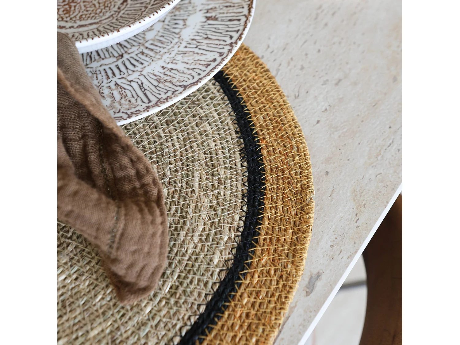 Now's Home - Lot De 6 Sets De Table D38cm En Jonc De Mer Naturel Et Safran Iris