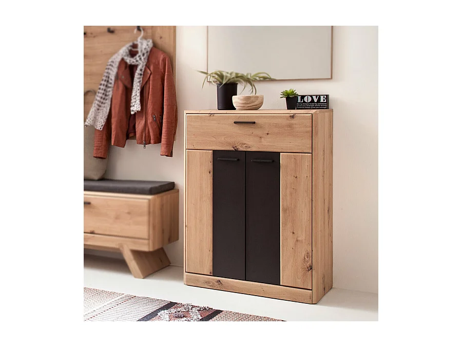 Commode à chaussures en bois coloris chêne / noir - L.69 x H.96 x P.39 cm