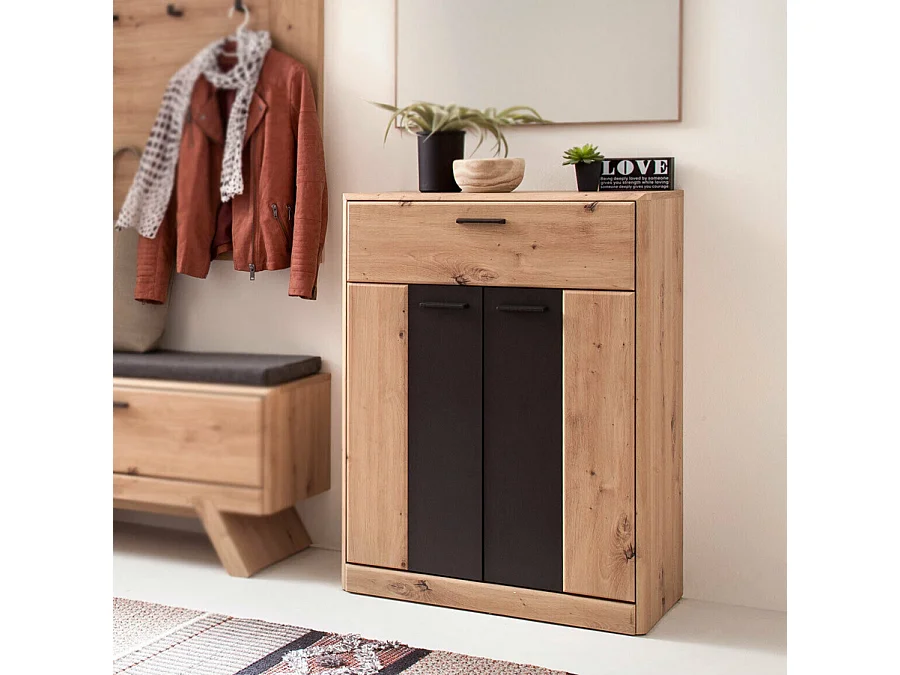 Commode à chaussures en bois coloris chêne / noir - L.69 x H.96 x P.39 cm