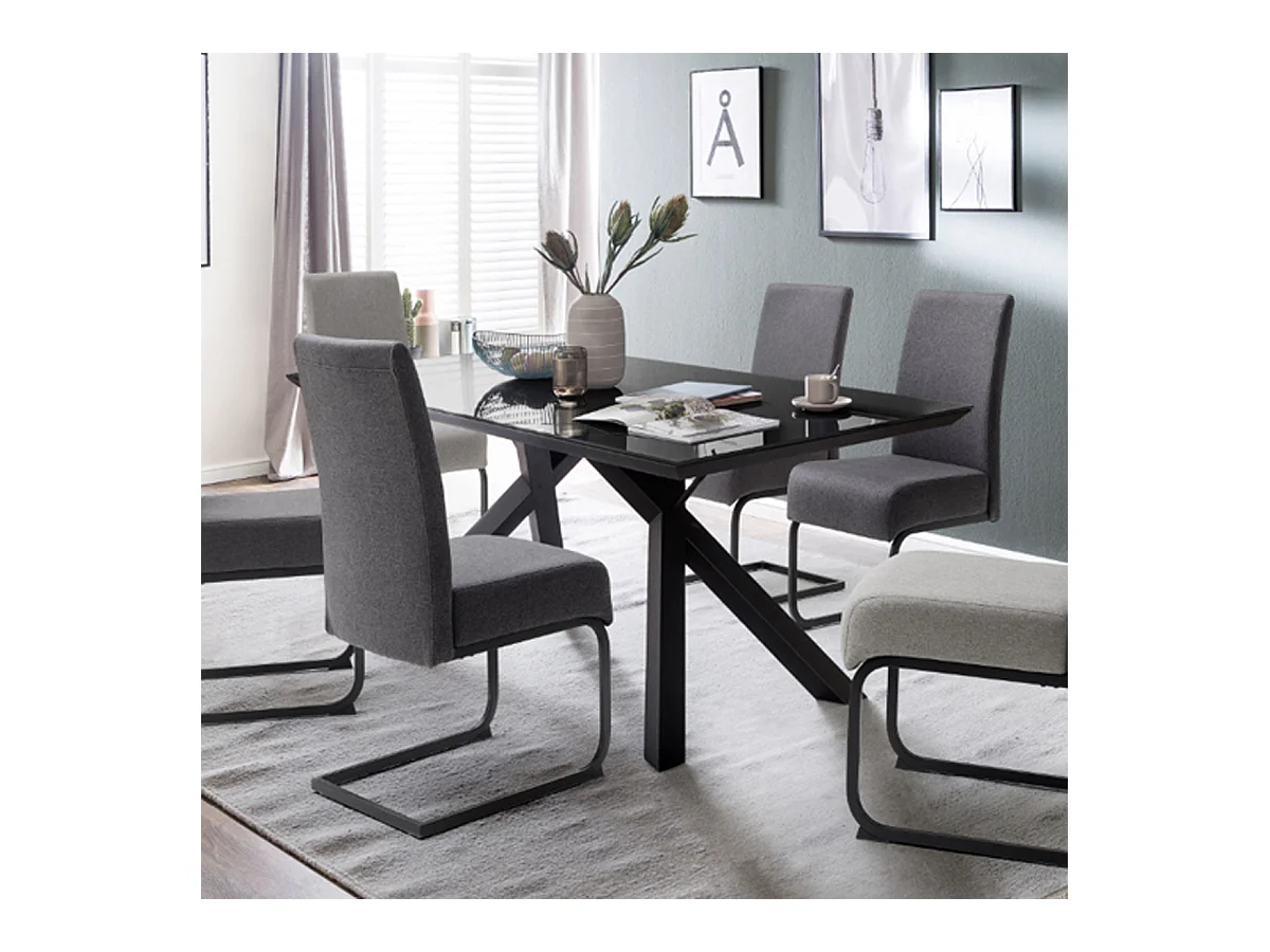 Table de salle à manger en verre et acier coloris noir mat - L.180 x H.75 x P.95 cm