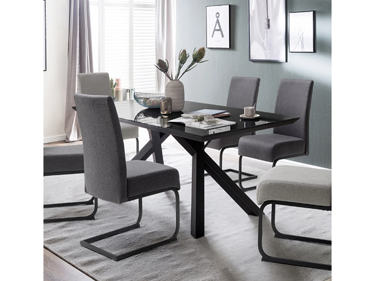 Table de salle à manger en verre et acier coloris noir mat - L.180 x H.75 x P.95 cm